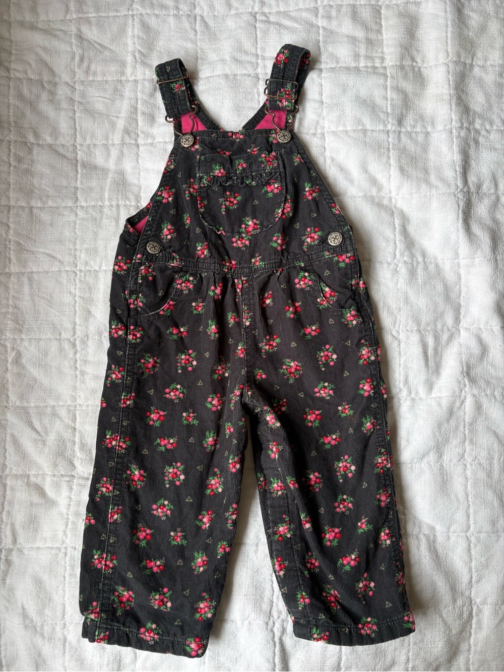 Vintage Osh Kosh Baby Girls Black Floral Overalls Pink Accents 12 Months